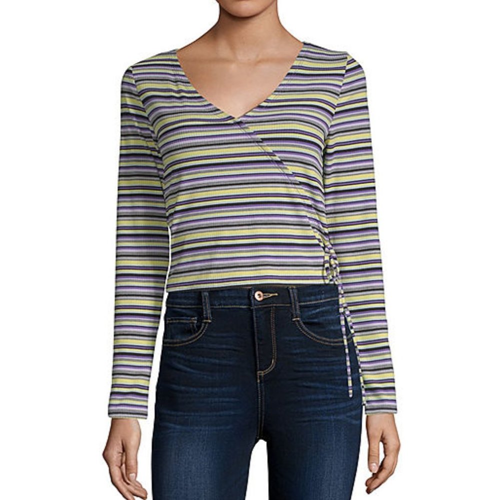 NWT Arizona Womens V Neck Striped Wrap Shirt